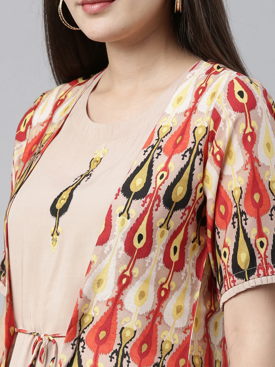 Neerus Beige Printed Straight Kurta With Jacket - Image 6