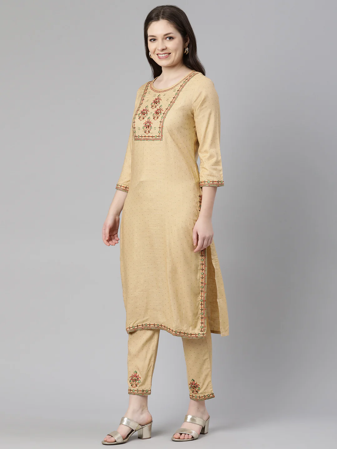 Neerus Beige Regular Knee Length Printed Readymade Suits - Image 2