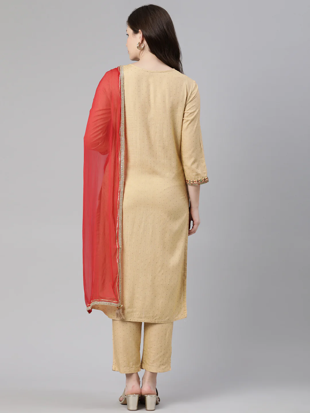 Neerus Beige Regular Knee Length Printed Readymade Suits - Image 3