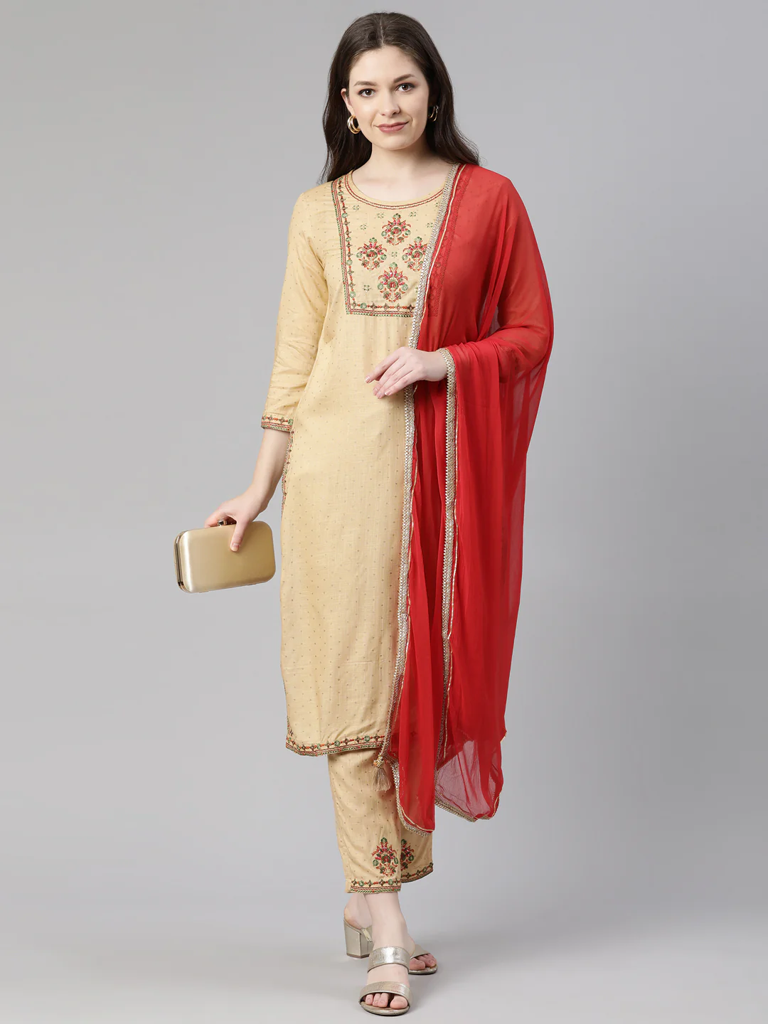 Neerus Beige Regular Knee Length Printed Readymade Suits - Image 4
