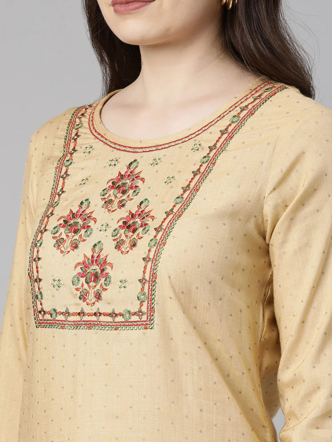 Neerus Beige Regular Knee Length Printed Readymade Suits - Image 6