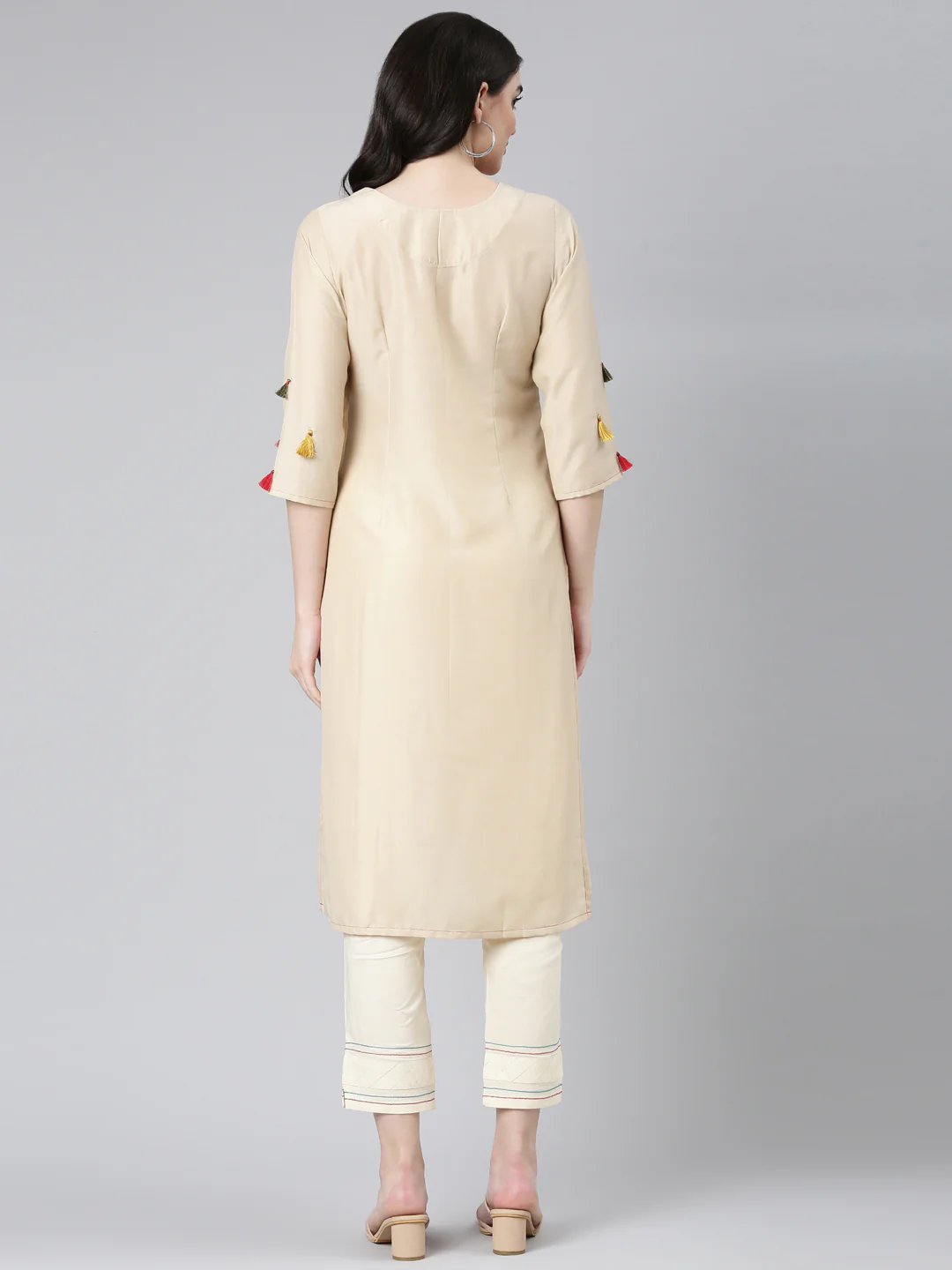 Neerus Beige Regular Straight Embroidered Kurta - Image 3
