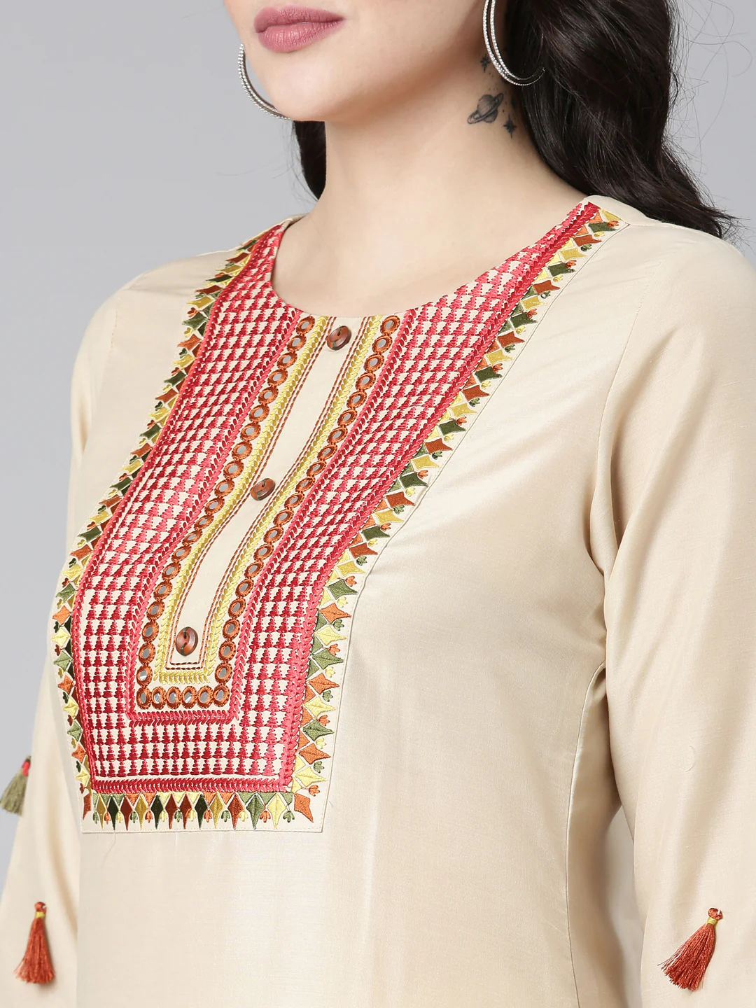 Neerus Beige Regular Straight Embroidered Kurta - Image 4