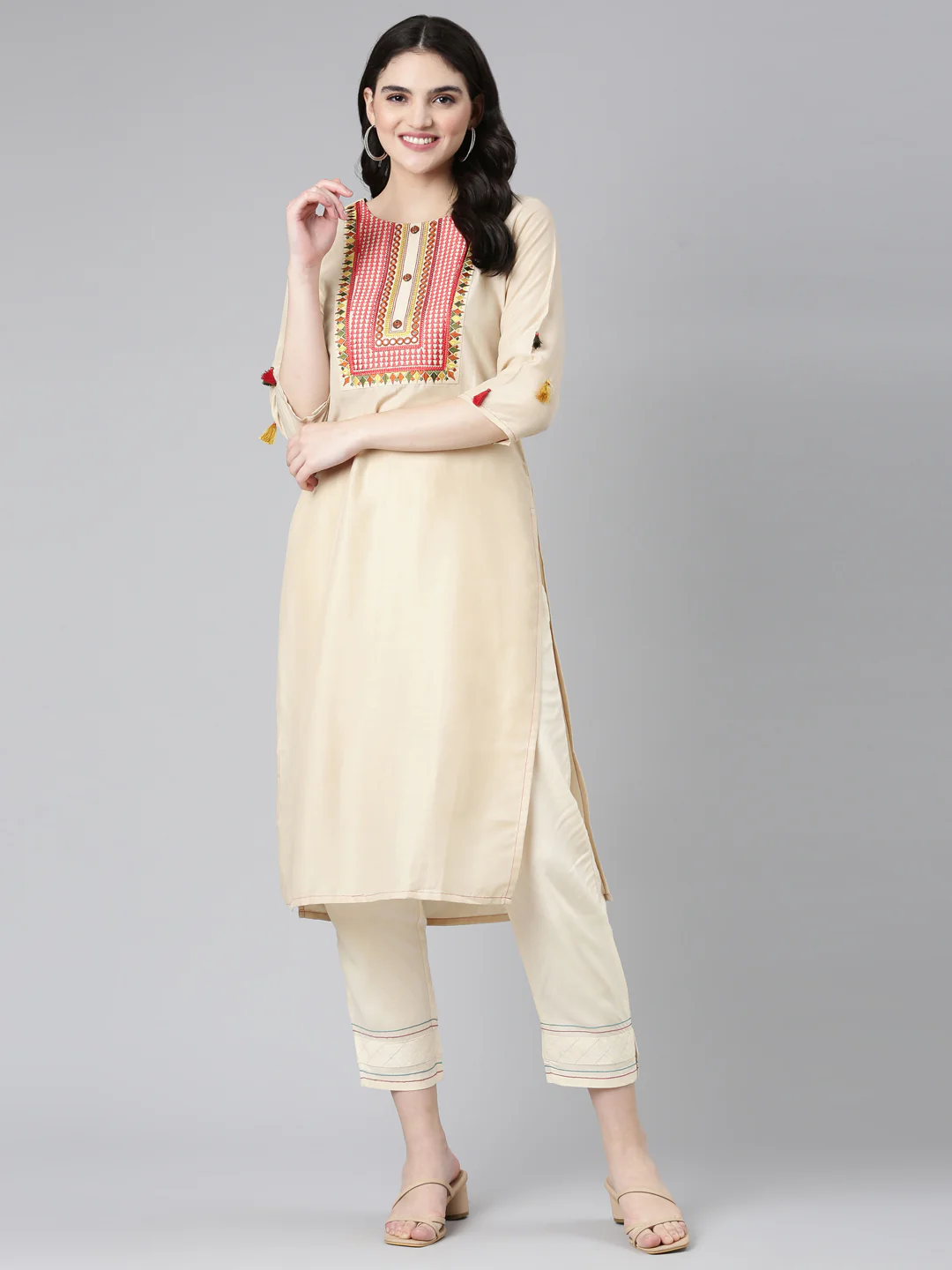Neerus Beige Regular Straight Embroidered Kurta - Image 5