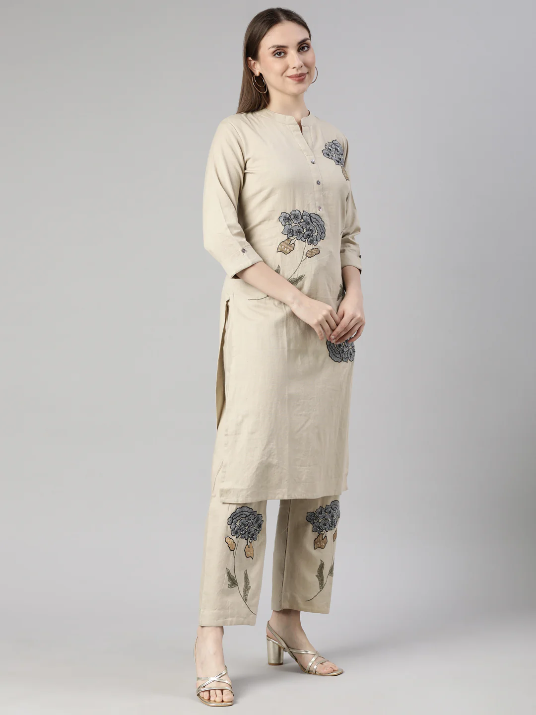 Neerus Beige Regular Straight Floral Kurta And  Trousers - Image 2