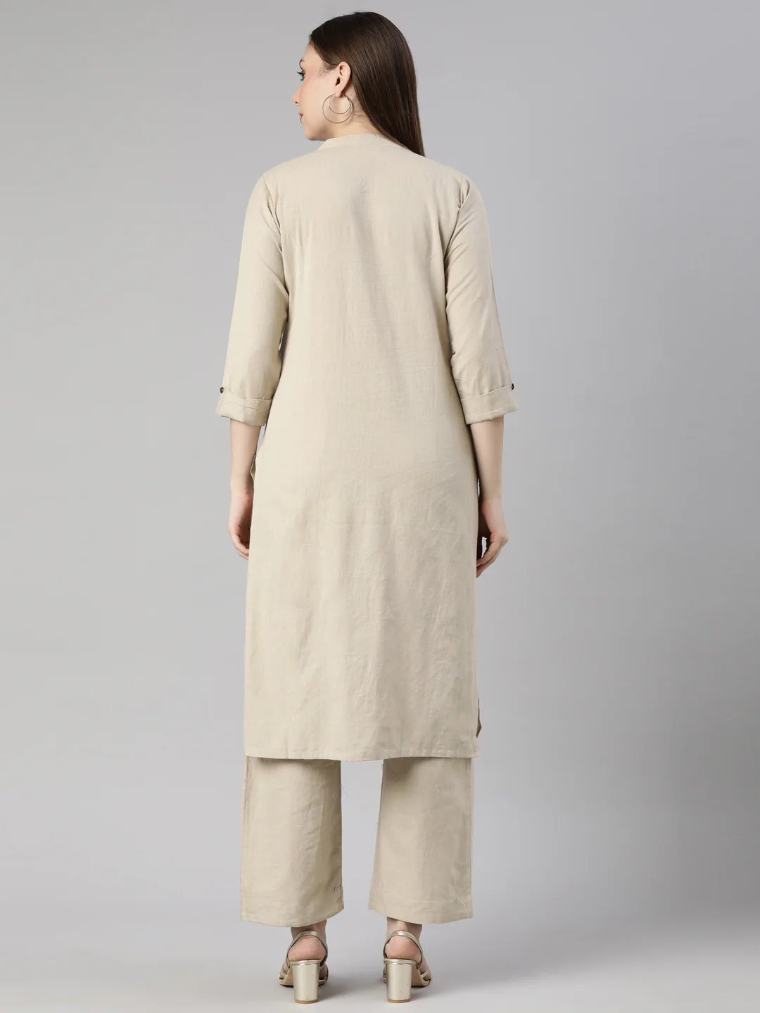 Neerus Beige Regular Straight Floral Kurta And  Trousers - Image 3