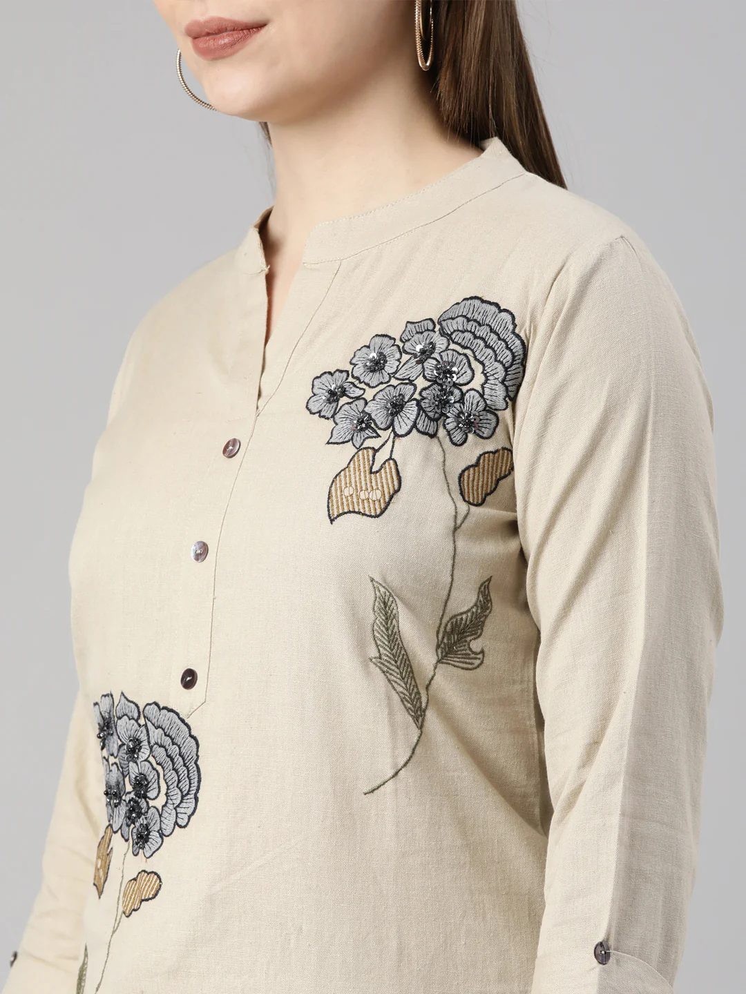Neerus Beige Regular Straight Floral Kurta And  Trousers - Image 4