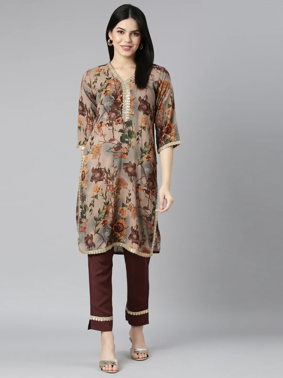 Neerus Beige Regular Straight Floral Kurta And Trousers - Image 5