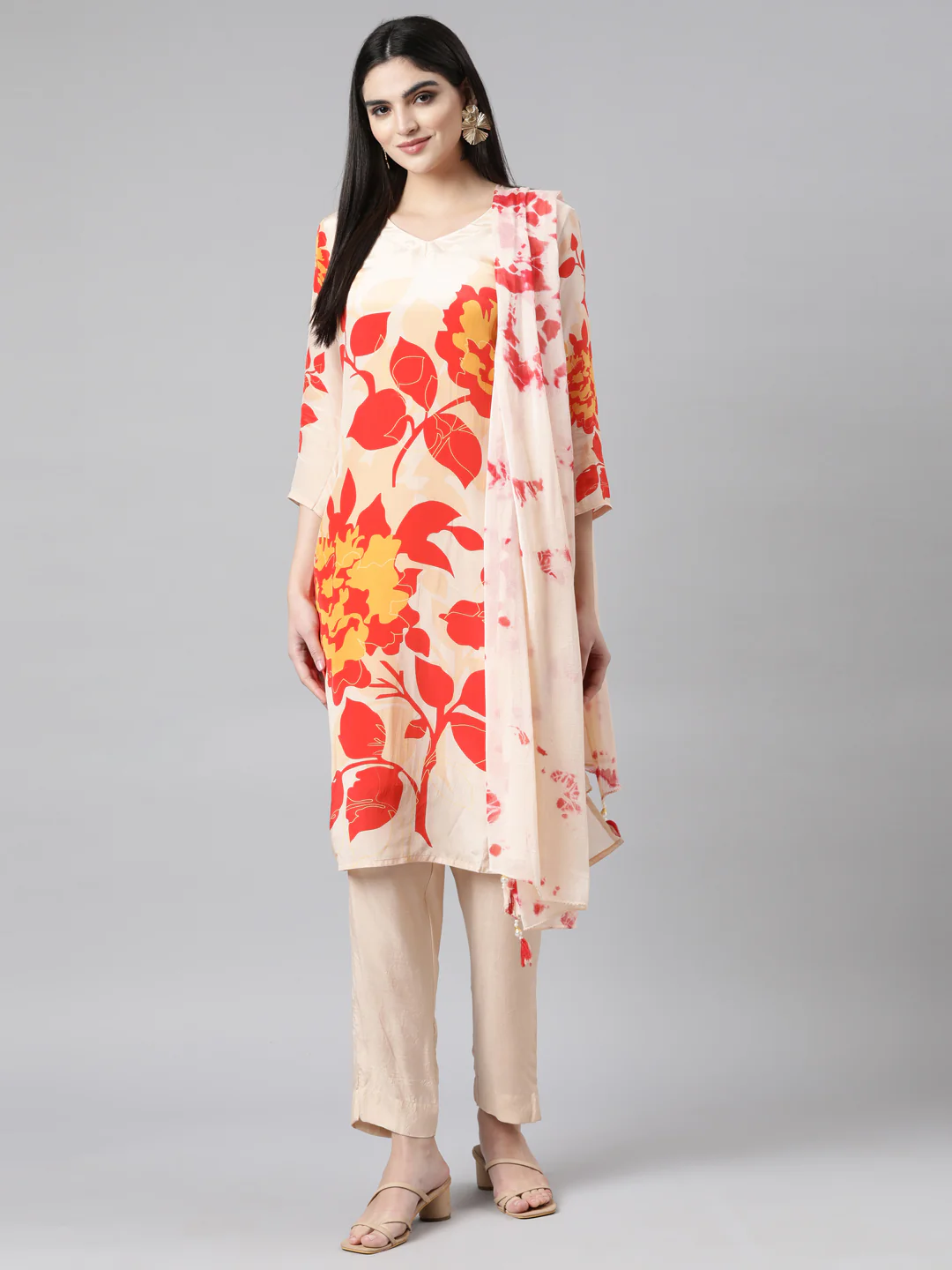 Neerus Beige Regular Straight Floral Kurta And Trousers With Dupatta - Image 5
