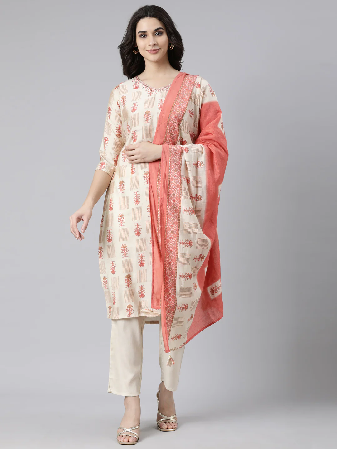 Neerus Beige Regular Straight Floral Kurta And Trousers With Dupatta