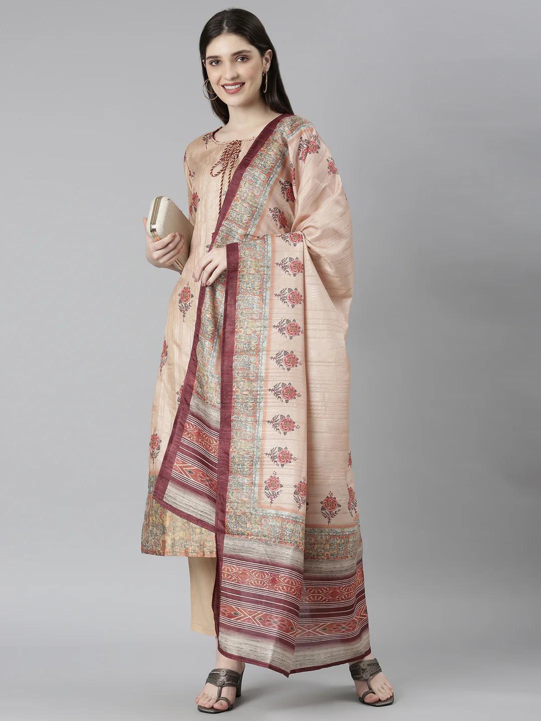 Neerus Beige Regular Straight Floral Kurta And Trousers With Dupatta - Image 5