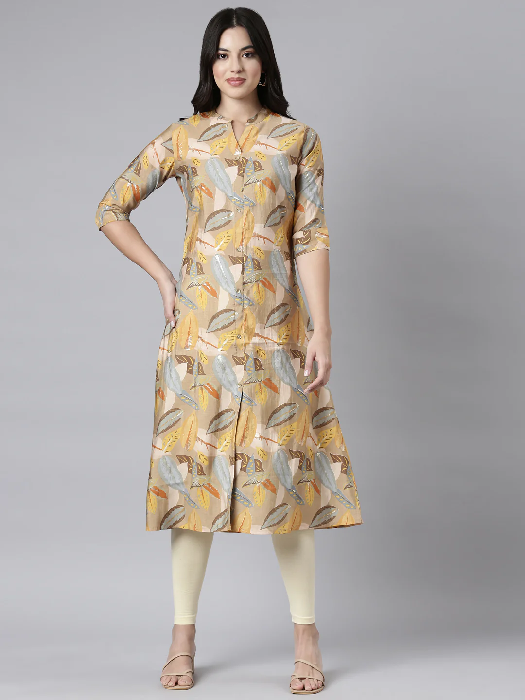 Neerus Beige Regular Straight Floral Kurta