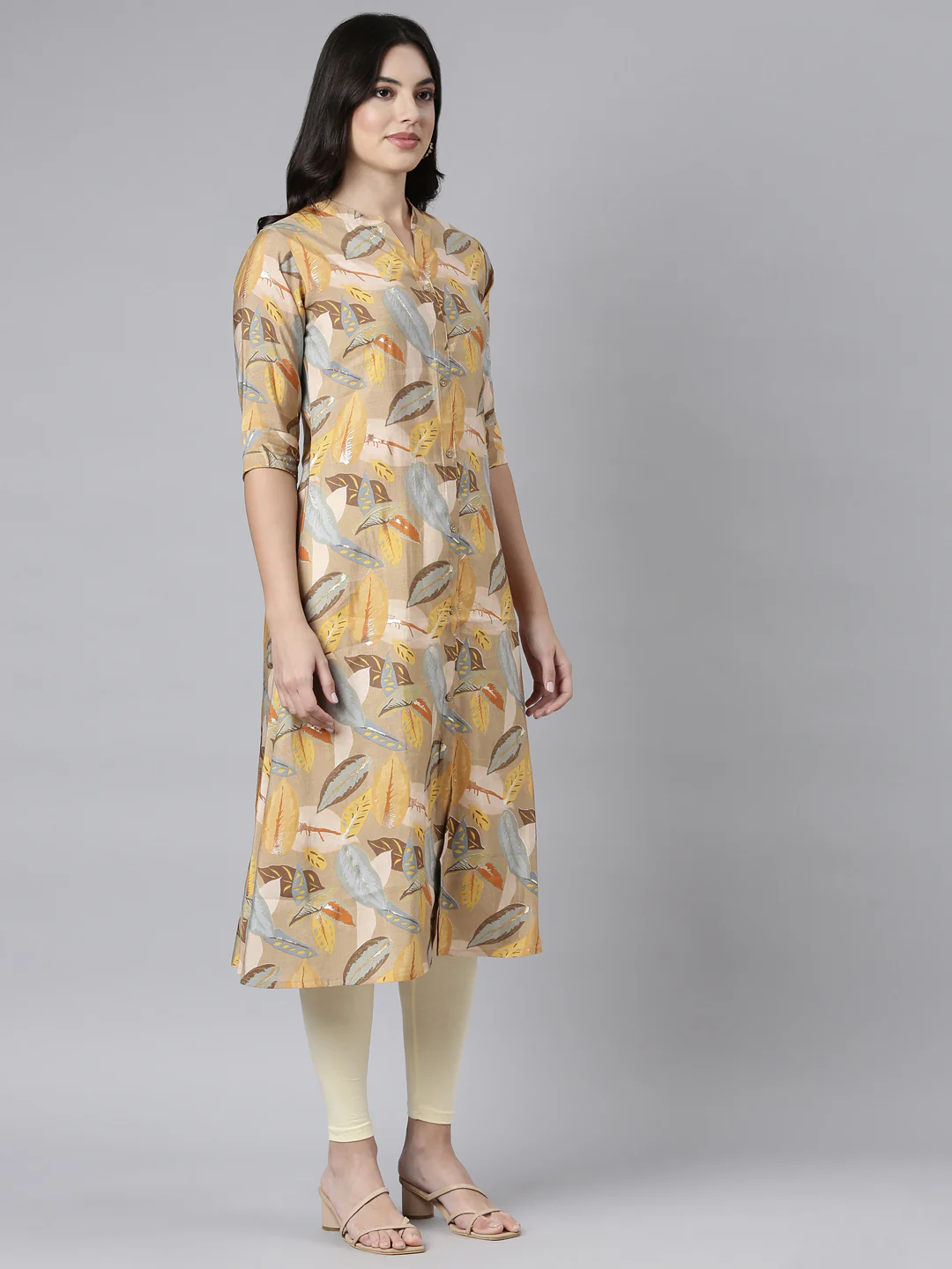 Neerus Beige Regular Straight Floral Kurta - Image 2
