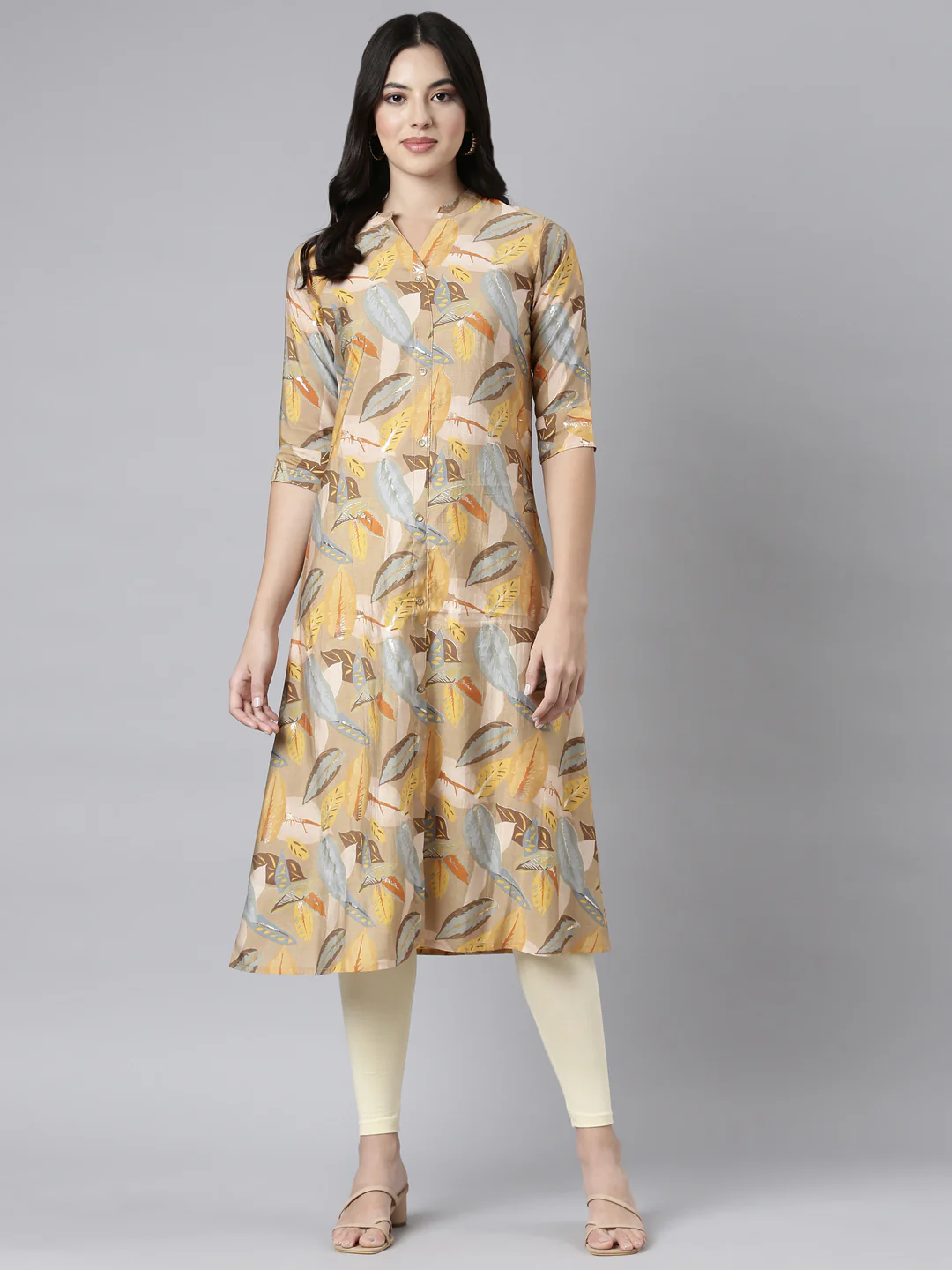Neerus Beige Regular Straight Floral Kurta - Image 5