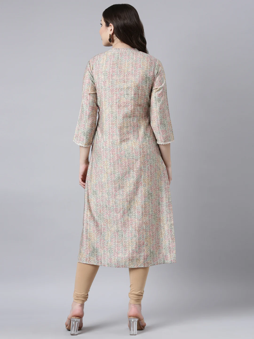 Neerus Beige Regular Straight Floral Kurta - Image 3