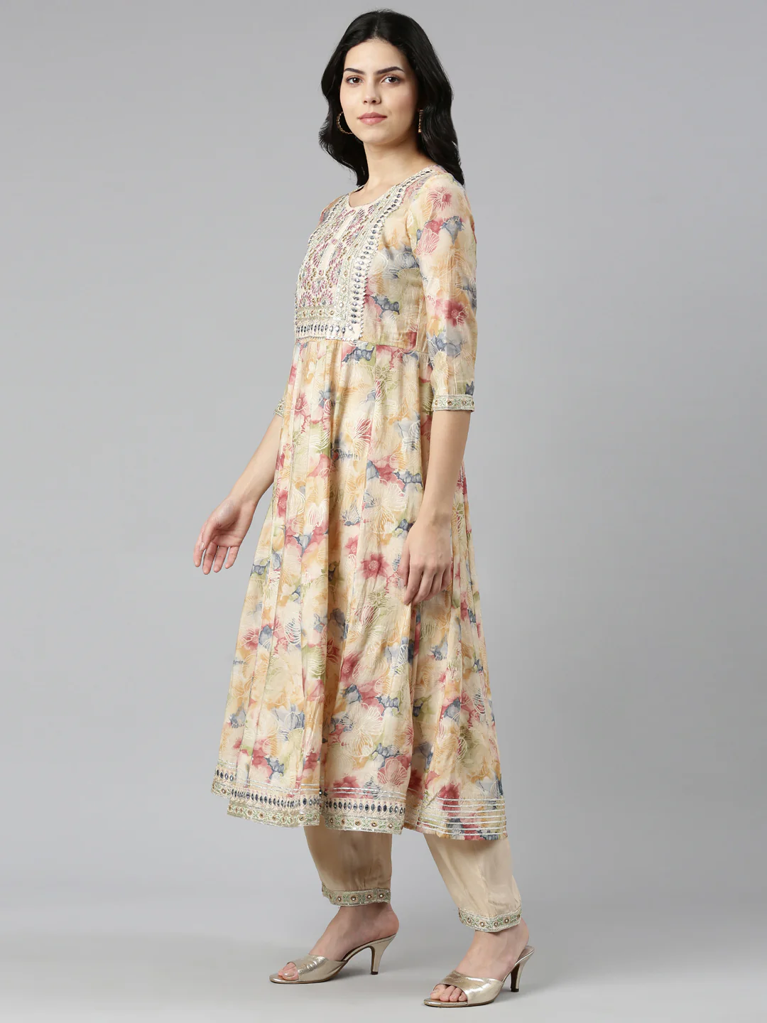 Neerus Beige Regular Straight Printed Readymade Suits - Image 2