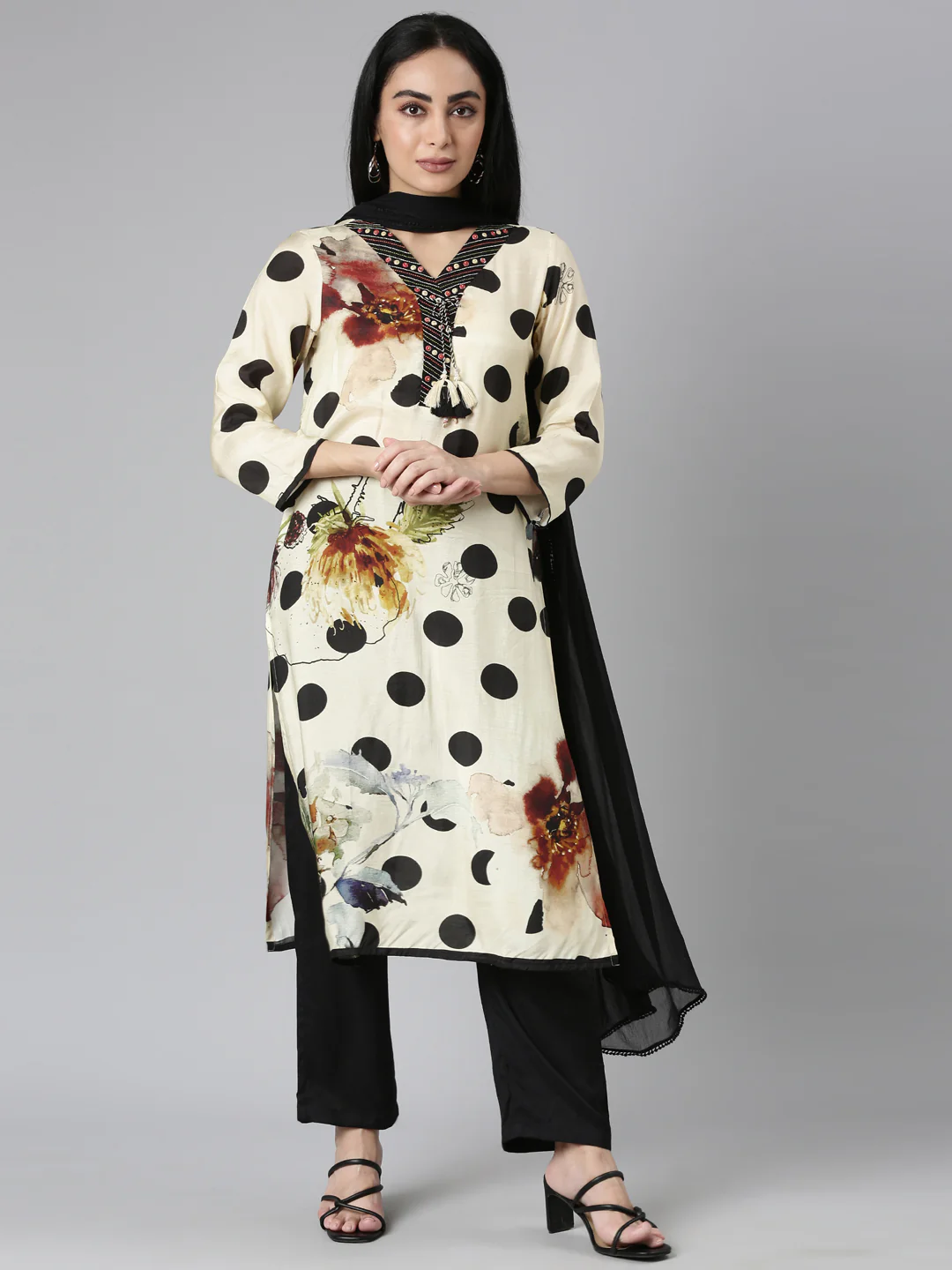Neerus Beige Regular Straight Printed Kurta and Trousers With Dupatta