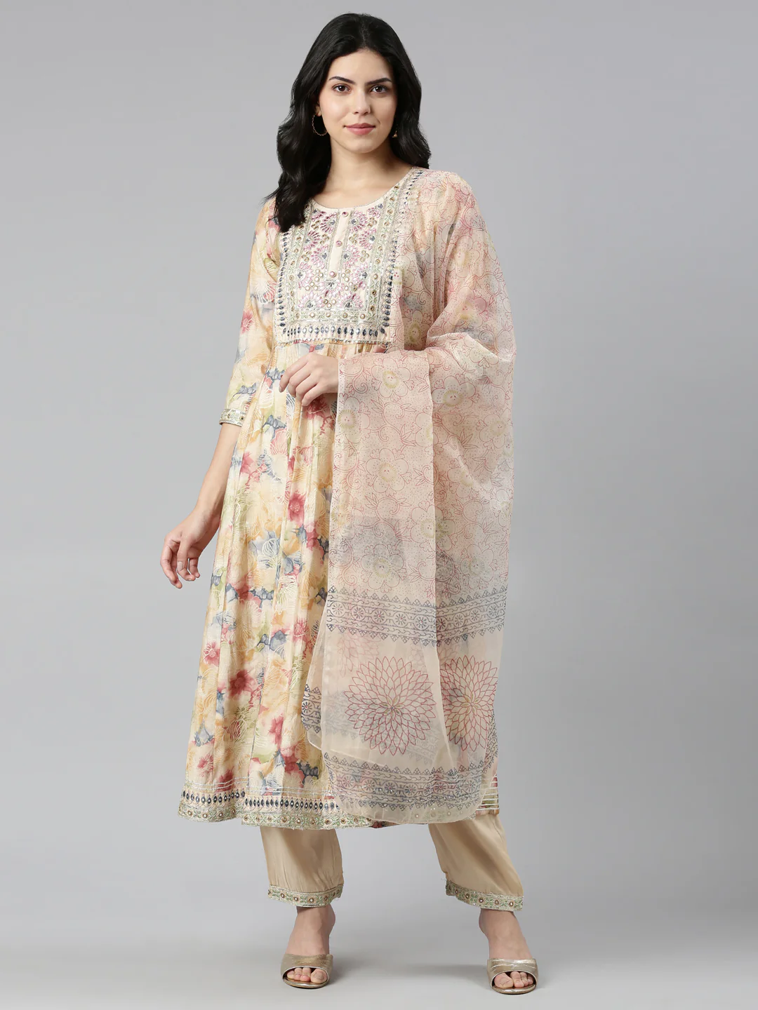 Neerus Beige Regular Straight Printed Readymade Suits - Image 5