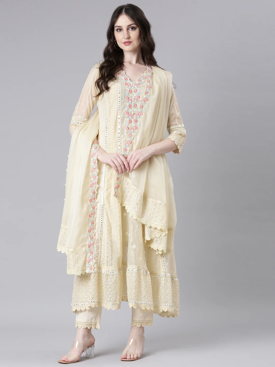 Neerus Beige Solid Anarkali Kurta and Trousers With Dupatta - Image 5