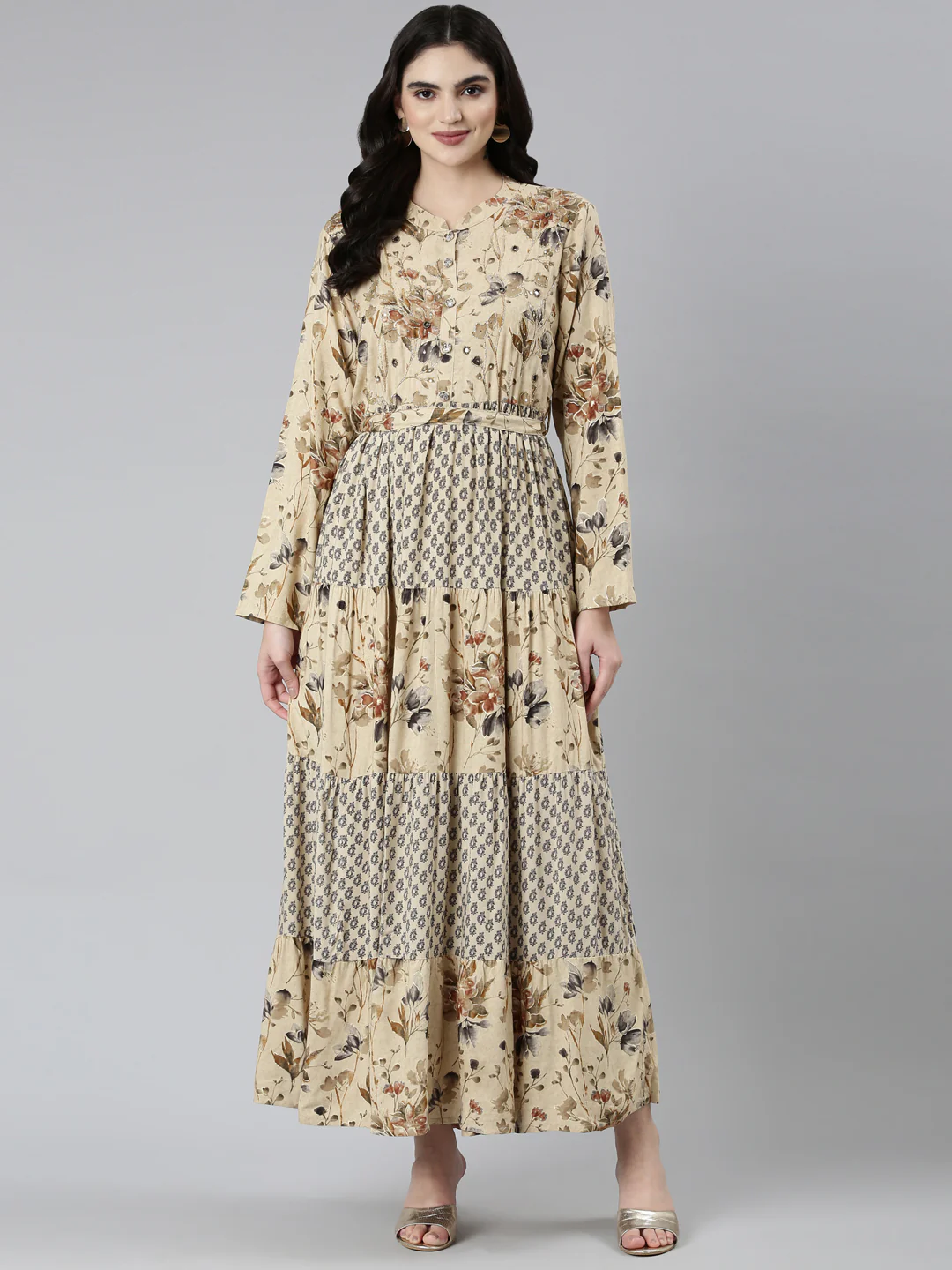 Neerus Beige Straight Casual Floral Dresses - Image 5