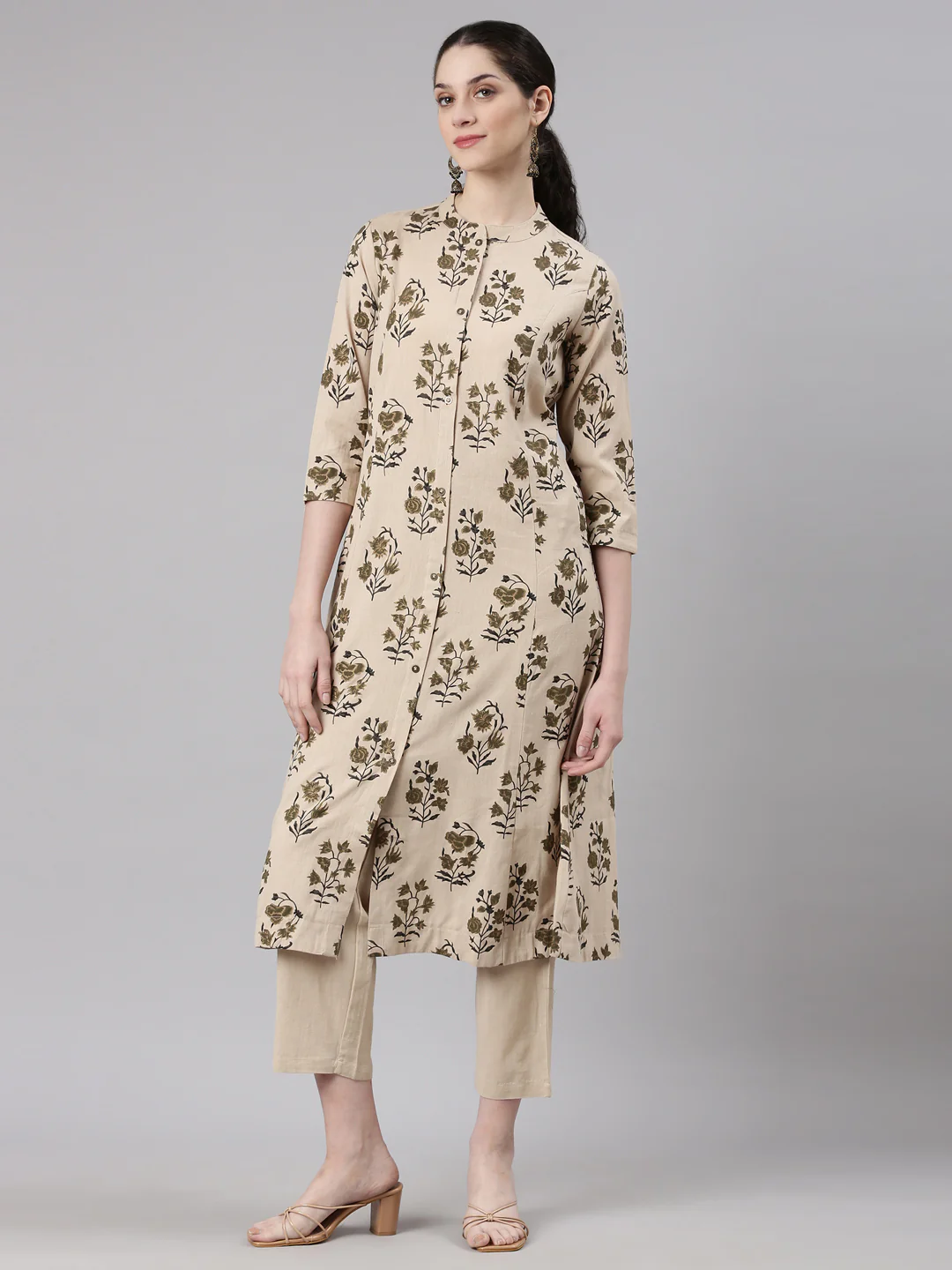 Neerus Beige Straight Casual Floral Kurta and Trouser - Image 2