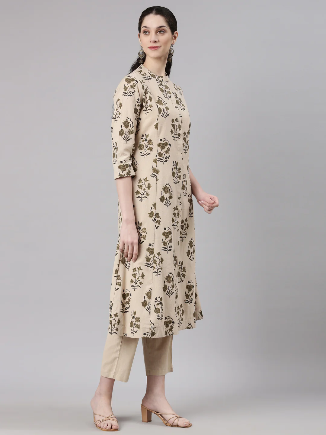 Neerus Beige Straight Casual Floral Kurta and Trouser - Image 3