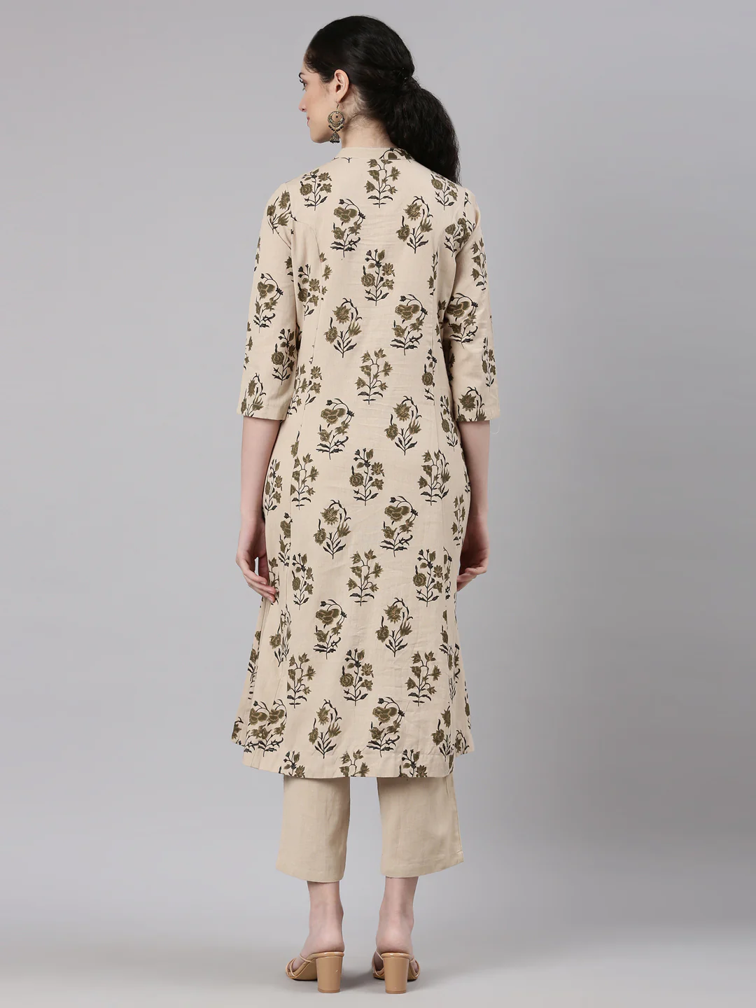 Neerus Beige Straight Casual Floral Kurta and Trouser - Image 4