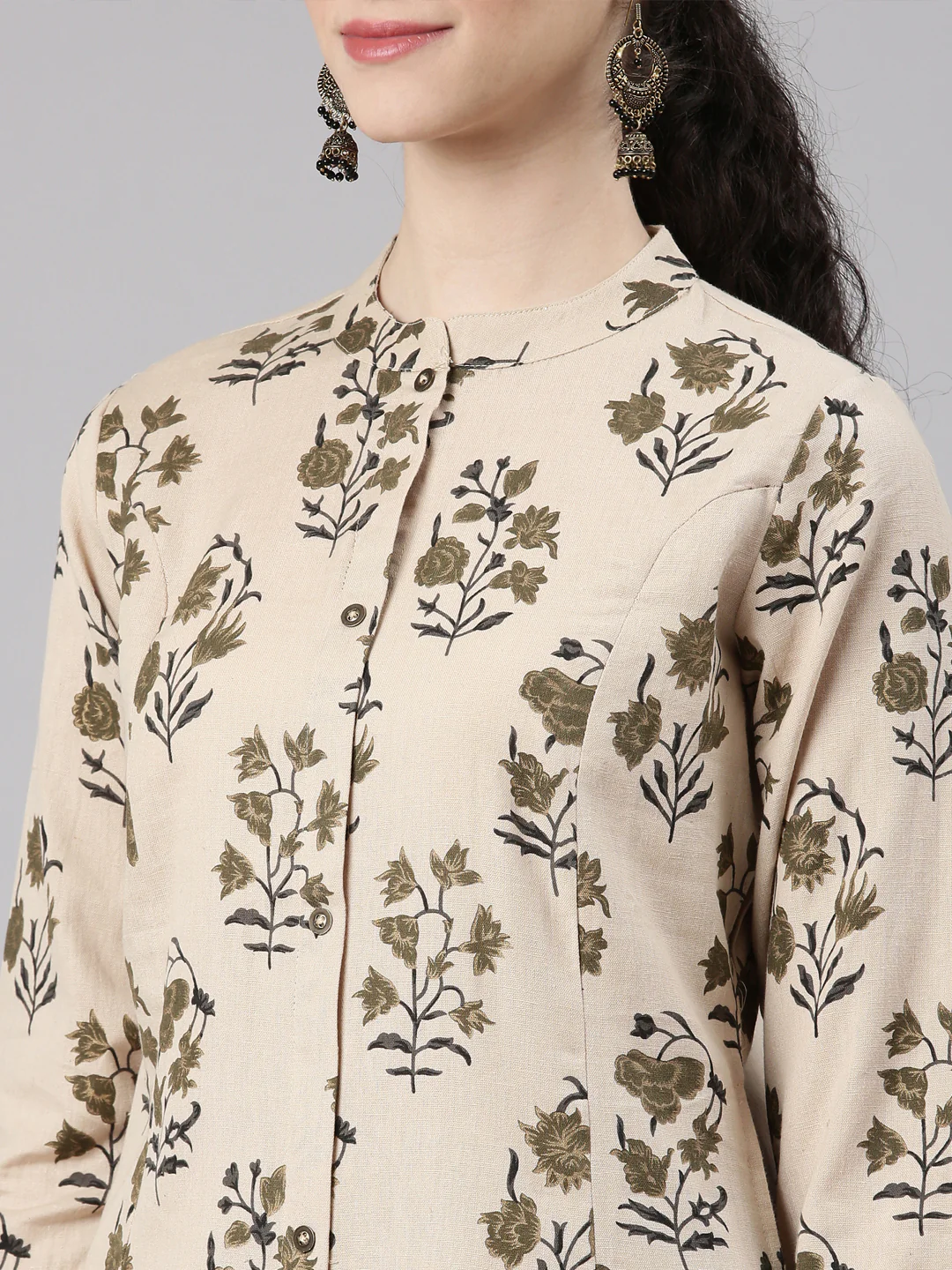 Neerus Beige Straight Casual Floral Kurta and Trouser - Image 5