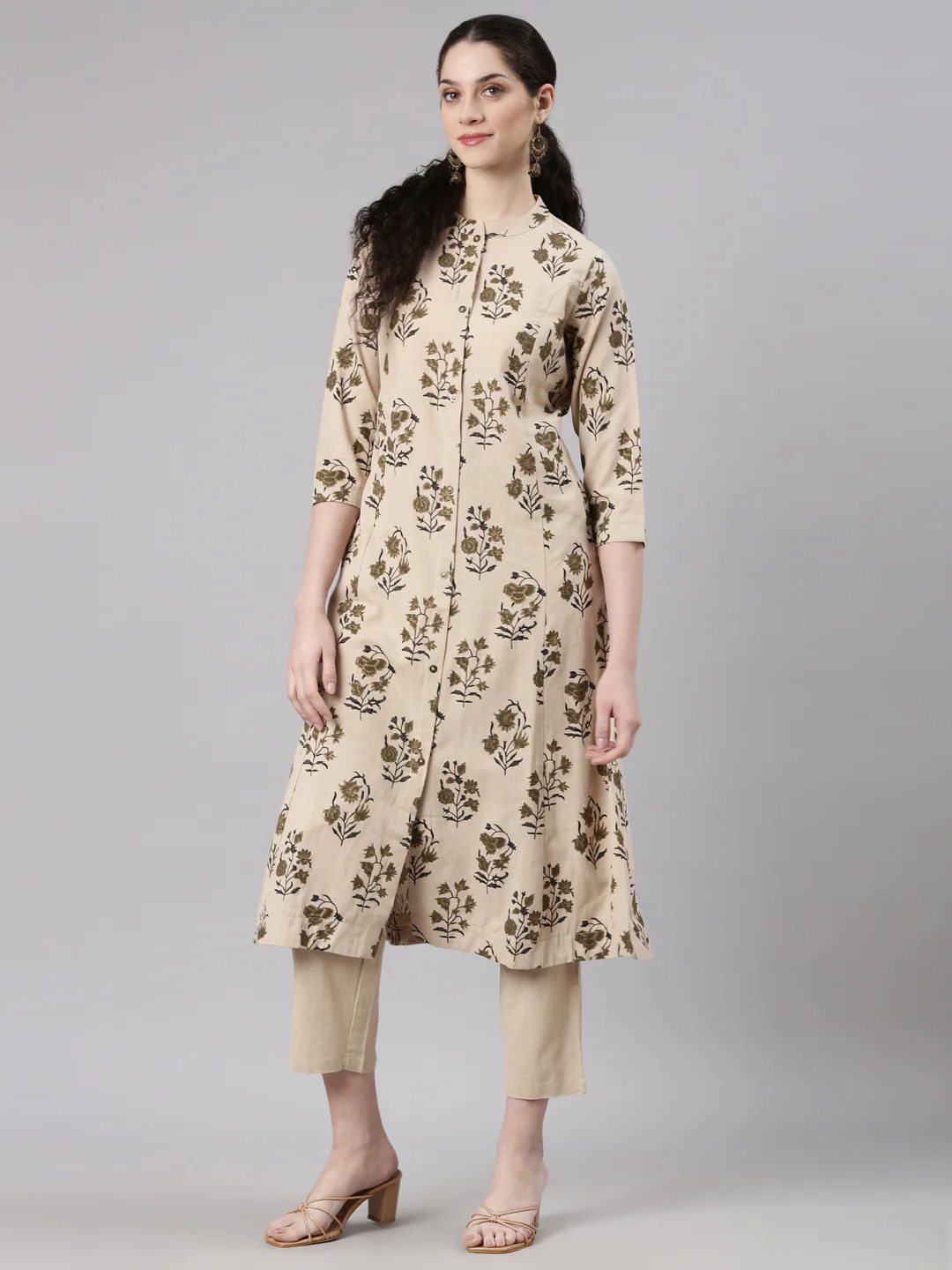 Neerus Beige Straight Casual Floral Kurta and Trouser - Image 6