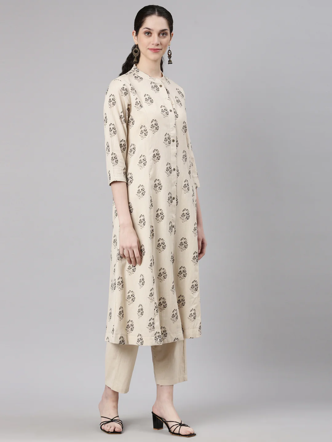 Neerus Beige Straight Casual Floral Kurta and Trouser - Image 3