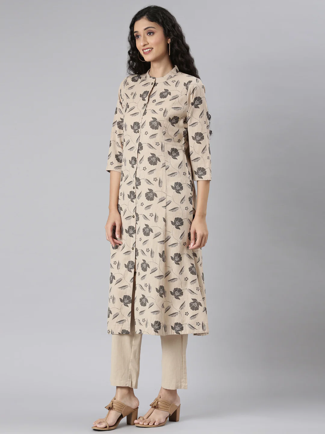 Neerus Beige Straight Casual Floral Kurta and Trouser - Image 2