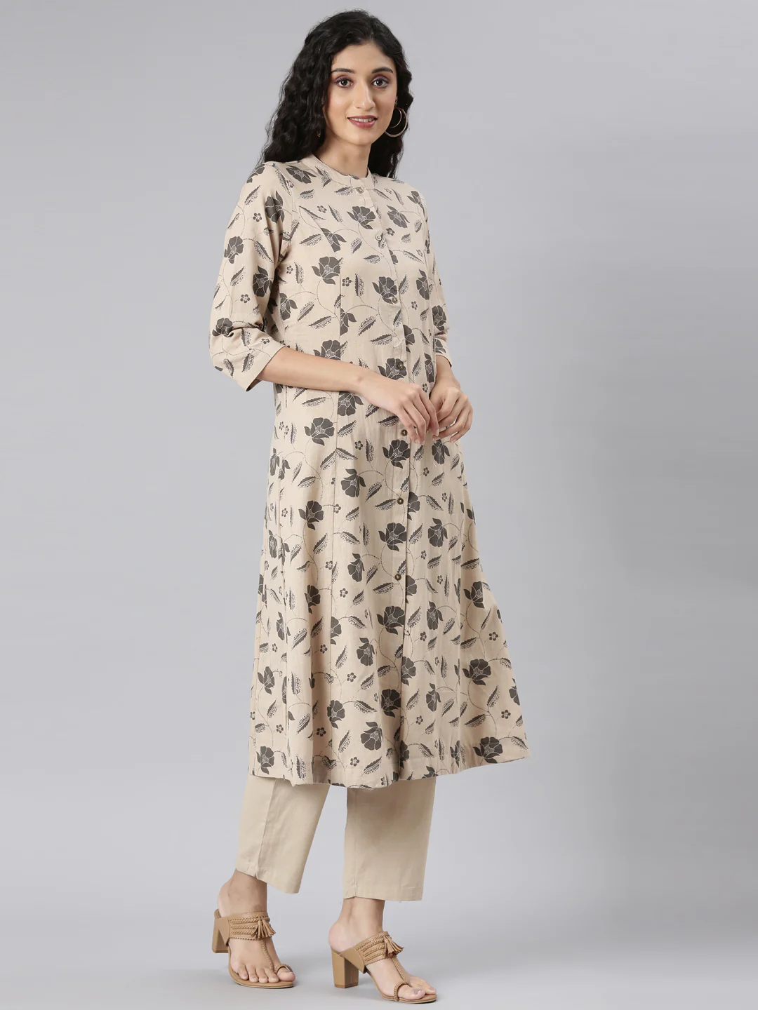 Neerus Beige Straight Casual Floral Kurta and Trouser - Image 3