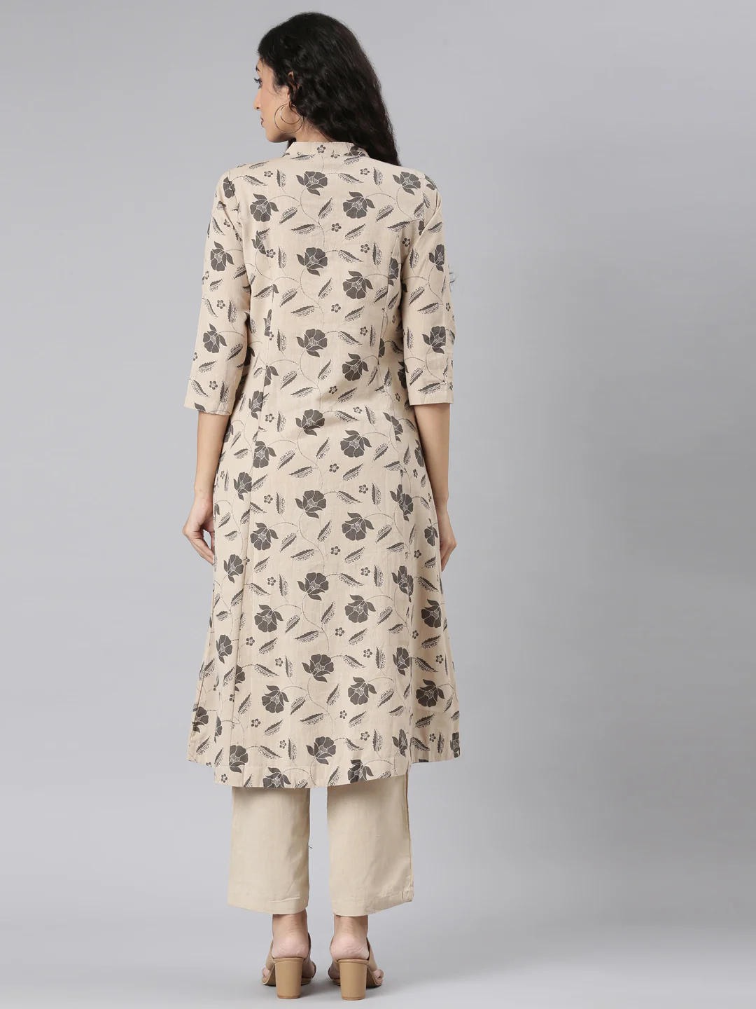 Neerus Beige Straight Casual Floral Kurta and Trouser - Image 4