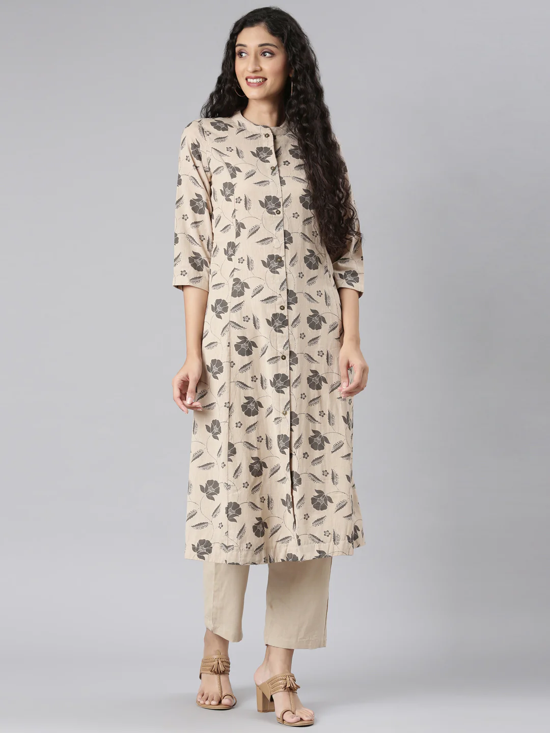Neerus Beige Straight Casual Floral Kurta and Trouser - Image 6