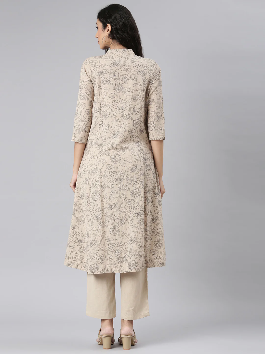 Neerus Beige Straight Casual Floral Kurta and Trouser - Image 4