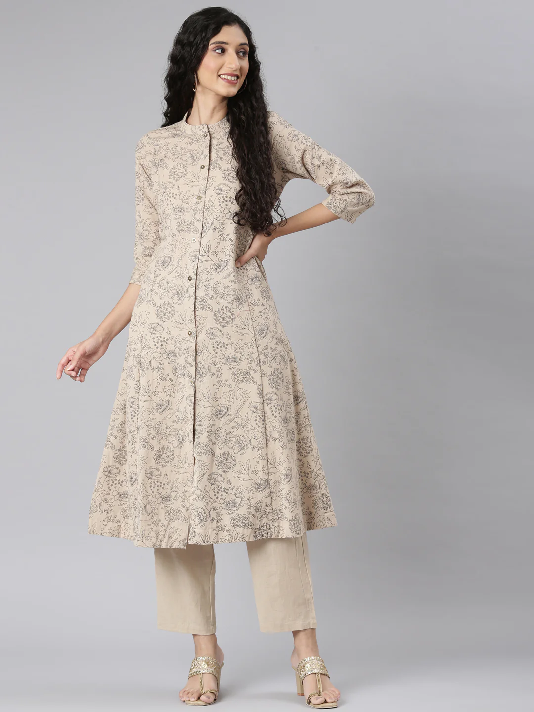 Neerus Beige Straight Casual Floral Kurta and Trouser - Image 6