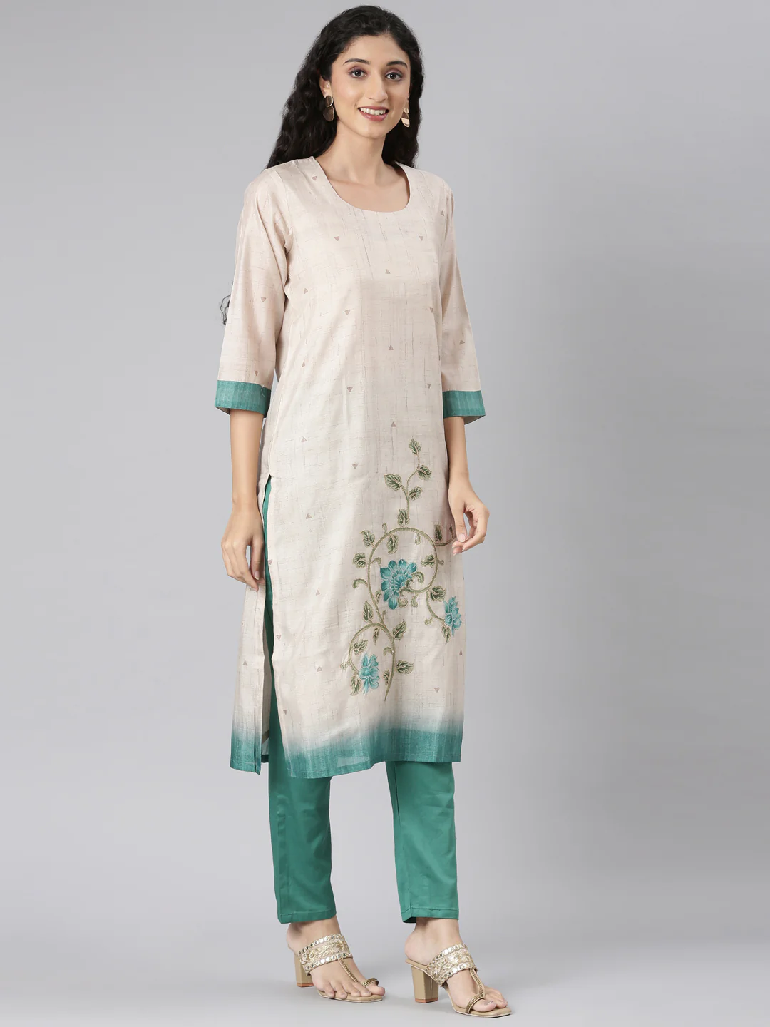 Neerus Beige Straight Casual Floral Kurta and Trouser with Dupatta - Image 2