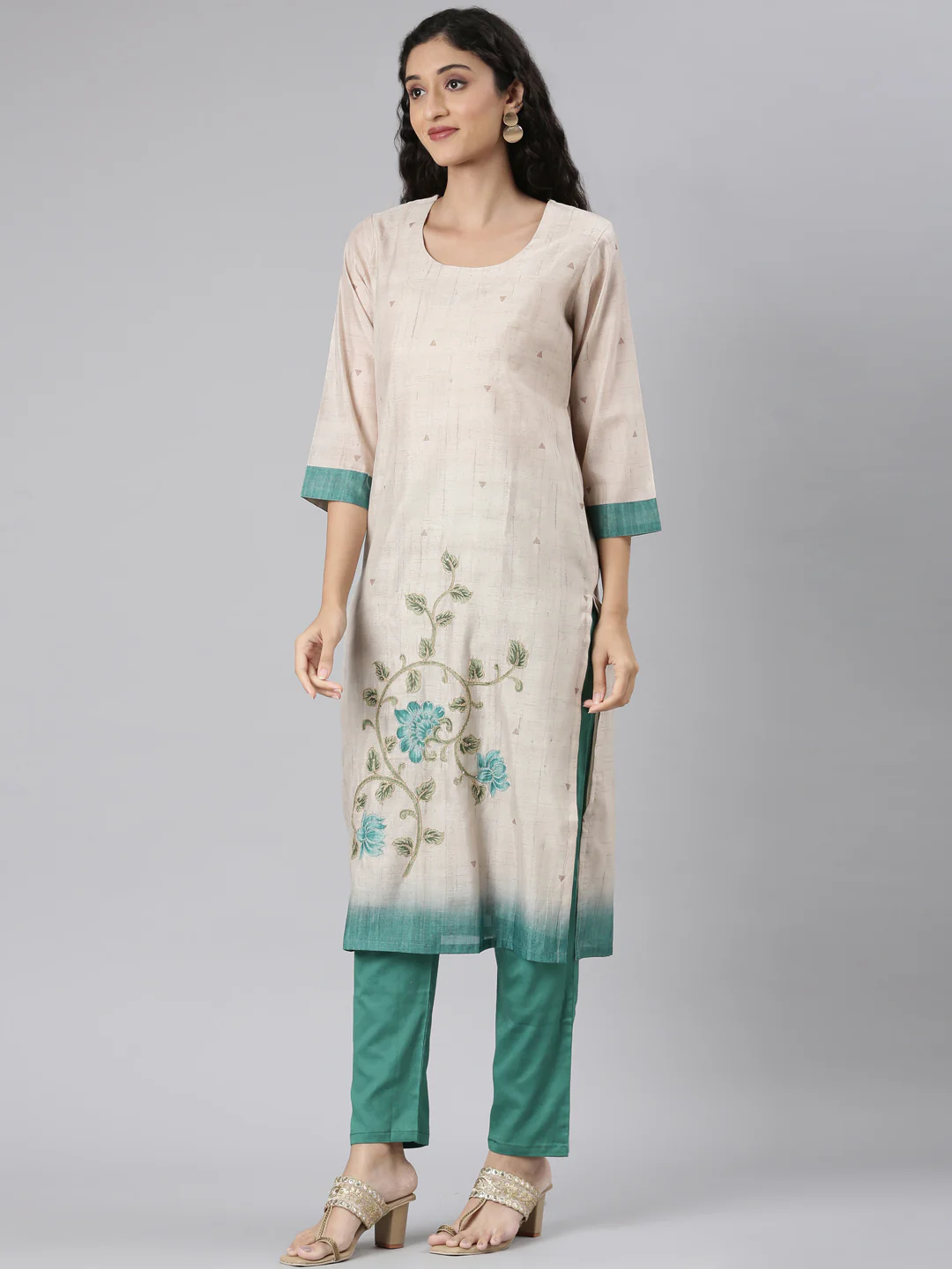 Neerus Beige Straight Casual Floral Kurta and Trouser with Dupatta - Image 3