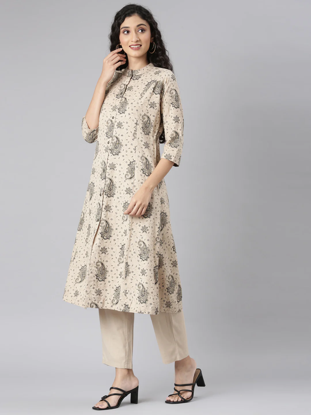 Neerus Beige Straight Casual Floral Kurta and Trouser. - Image 2
