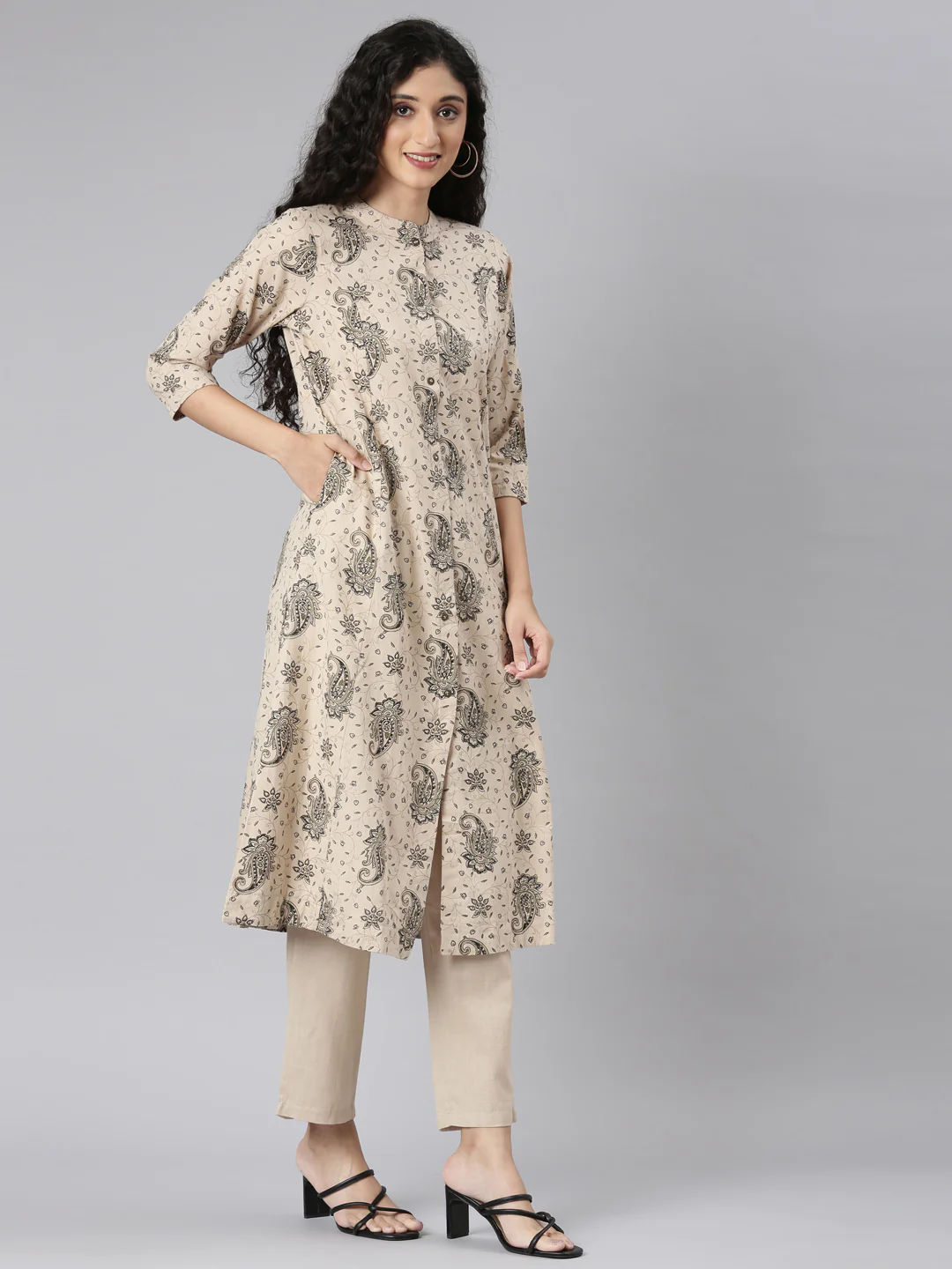 Neerus Beige Straight Casual Floral Kurta and Trouser. - Image 3