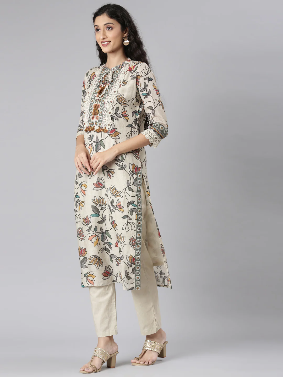 Neerus Beige Straight Casual Floral Kurta and Trouser with Dupatta - Image 2