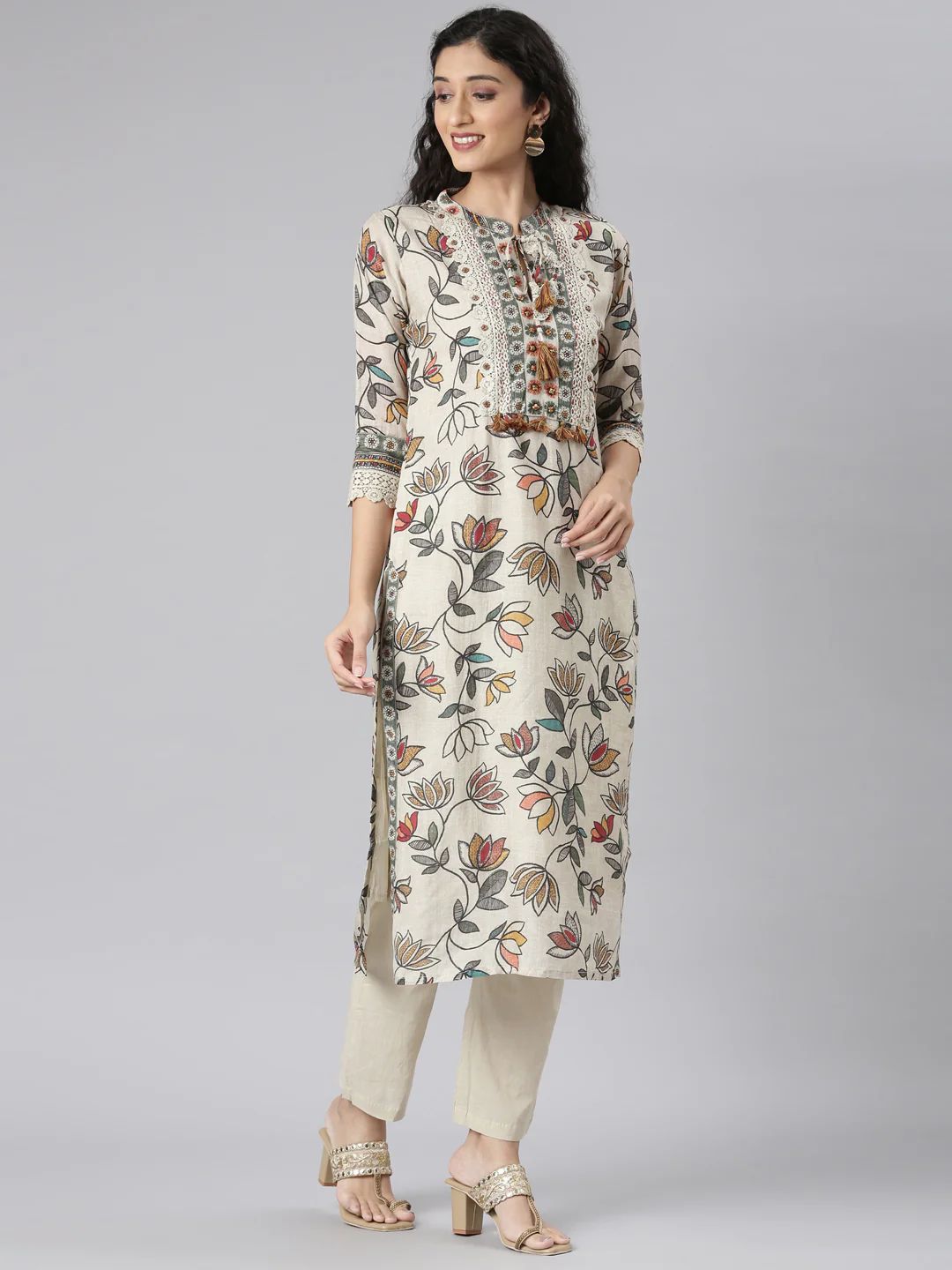 Neerus Beige Straight Casual Floral Kurta and Trouser with Dupatta - Image 3