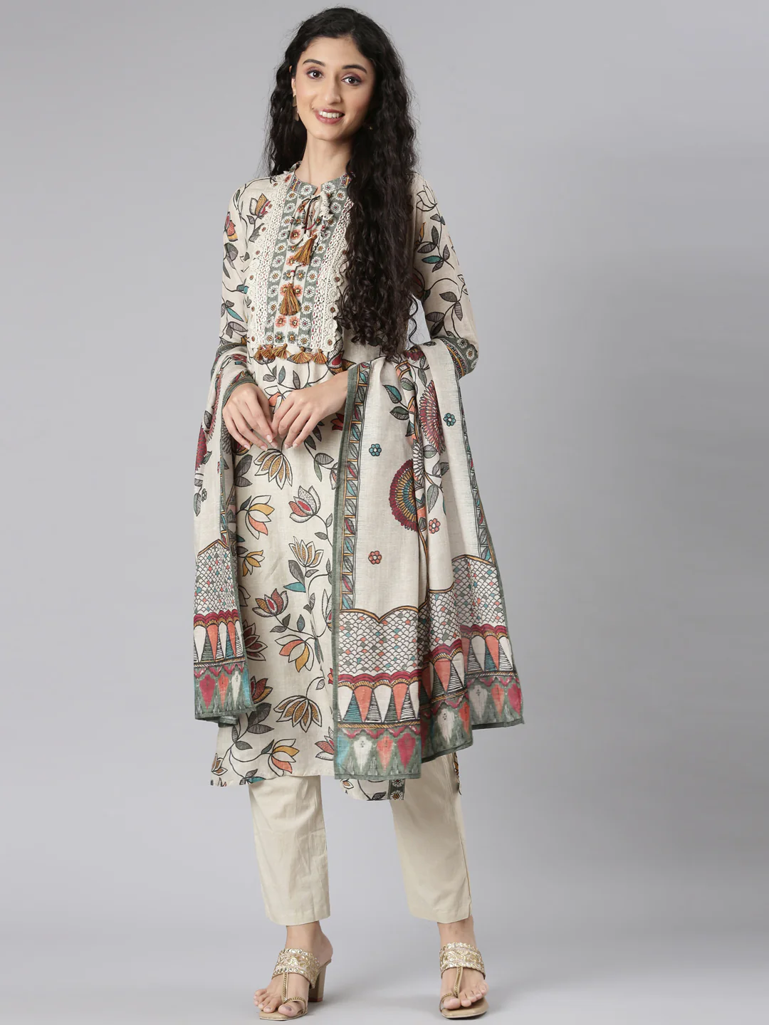 Neerus Beige Straight Casual Floral Kurta and Trouser with Dupatta - Image 6