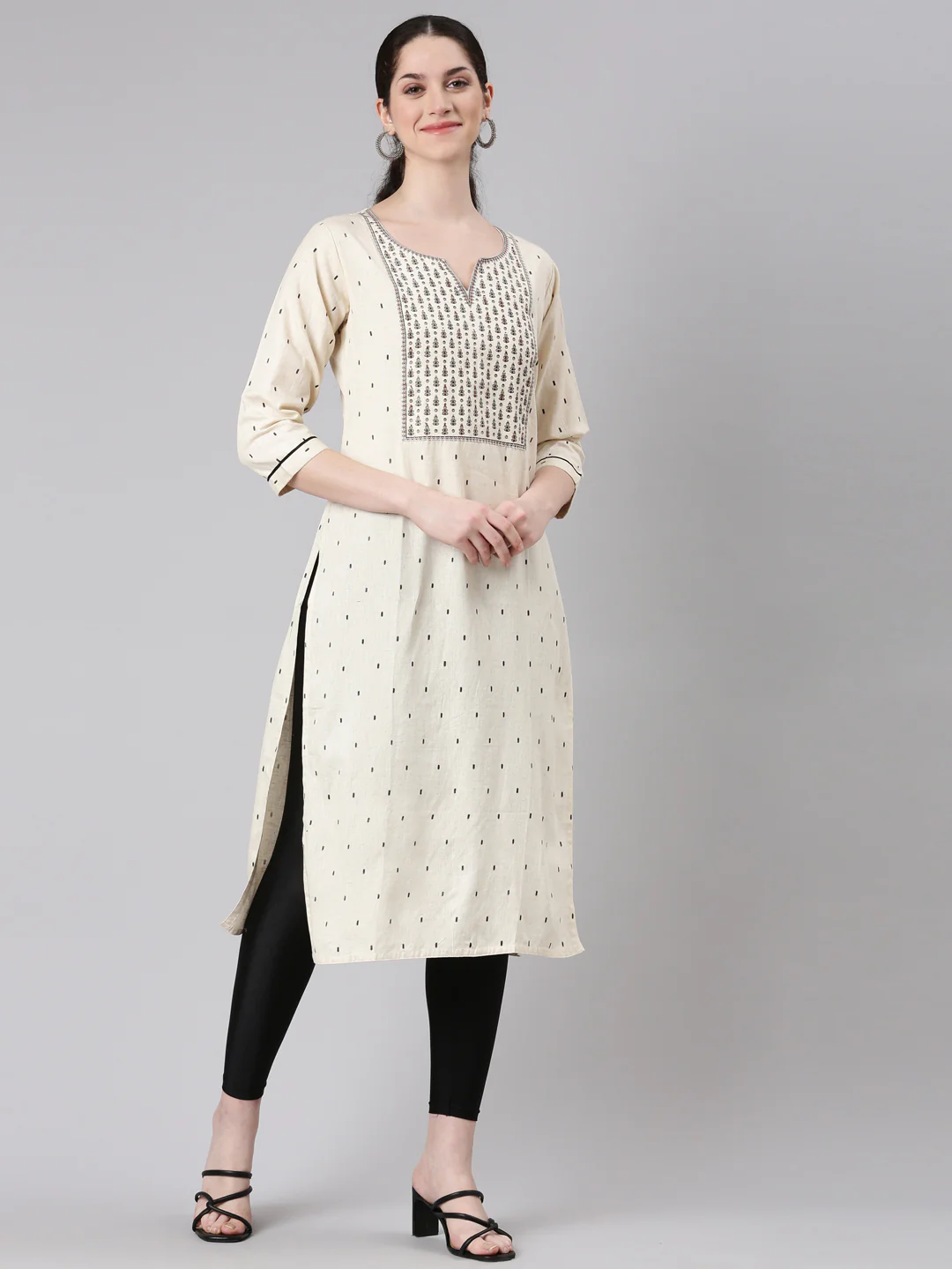 Neerus Beige Straight Casual Panelled Kurta - Image 2