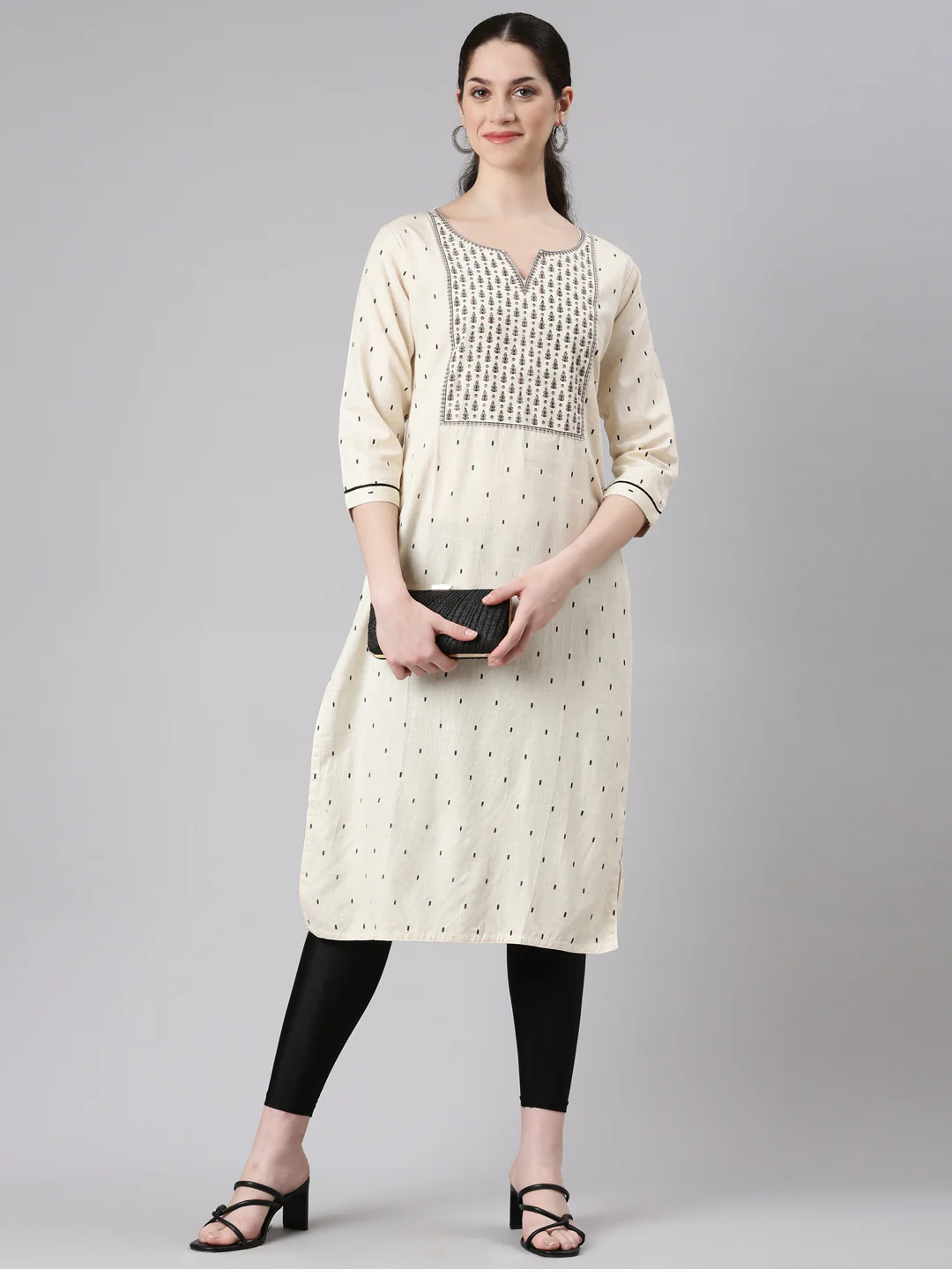 Neerus Beige Straight Casual Panelled Kurta - Image 5