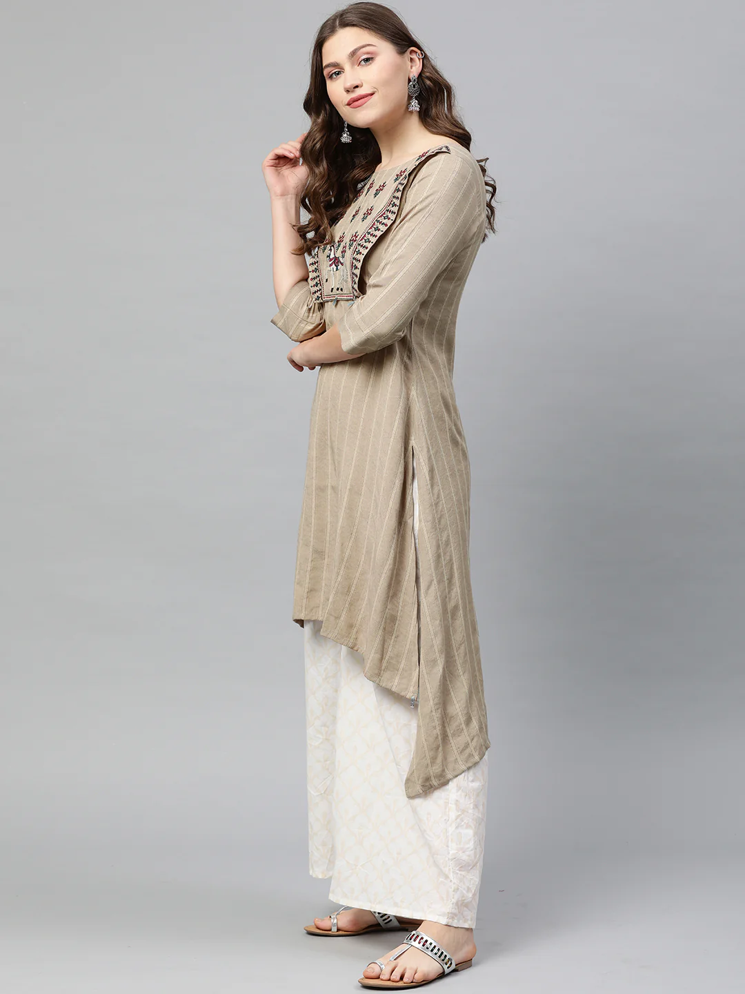 Neerus Beige Striped High Low Kurta - Image 3