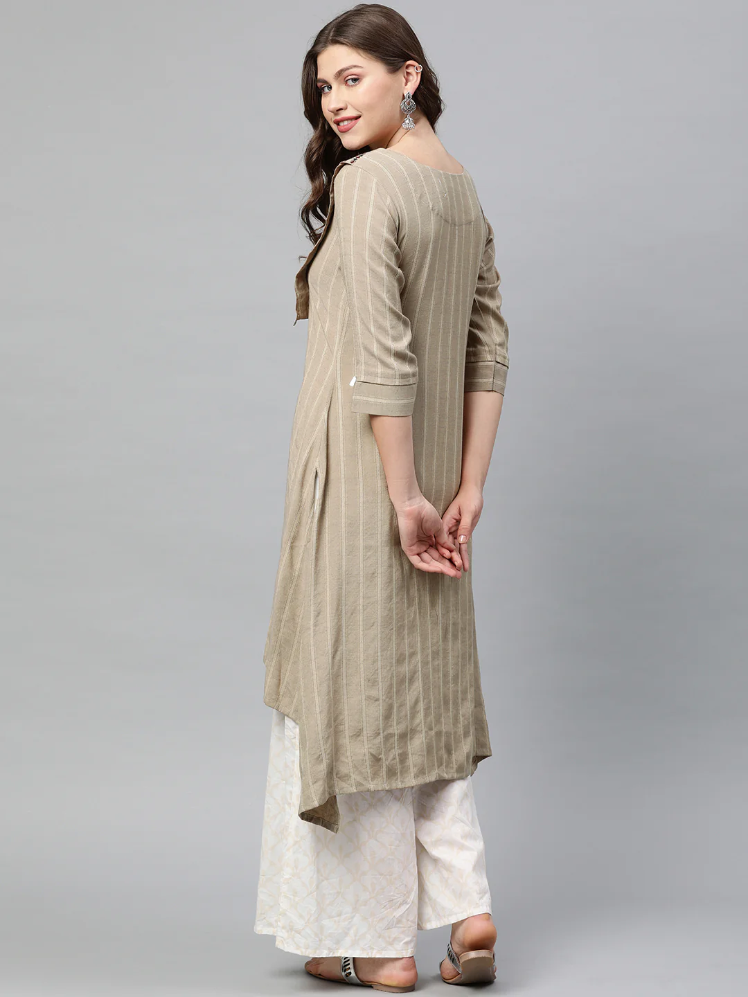 Neerus Beige Striped High Low Kurta - Image 4