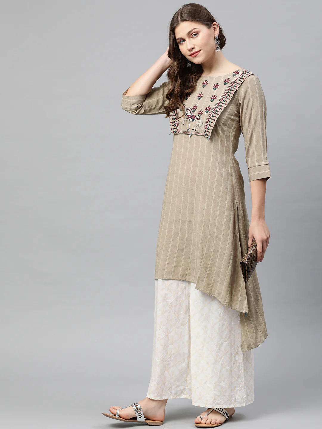 Neerus Beige Striped High Low Kurta - Image 5