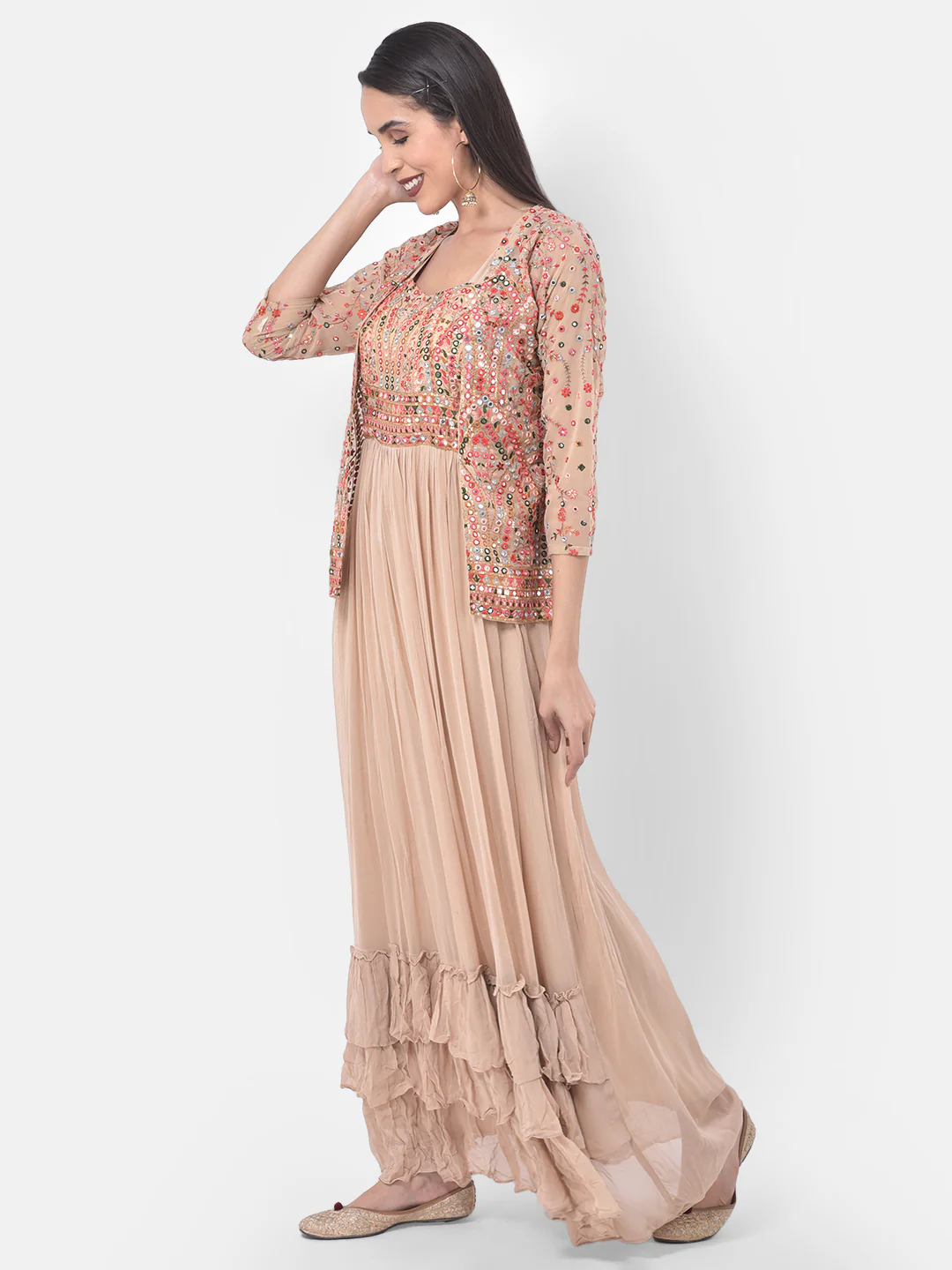 Neerus Bisque Embellished Flared Kurta With Shrug - Image 2