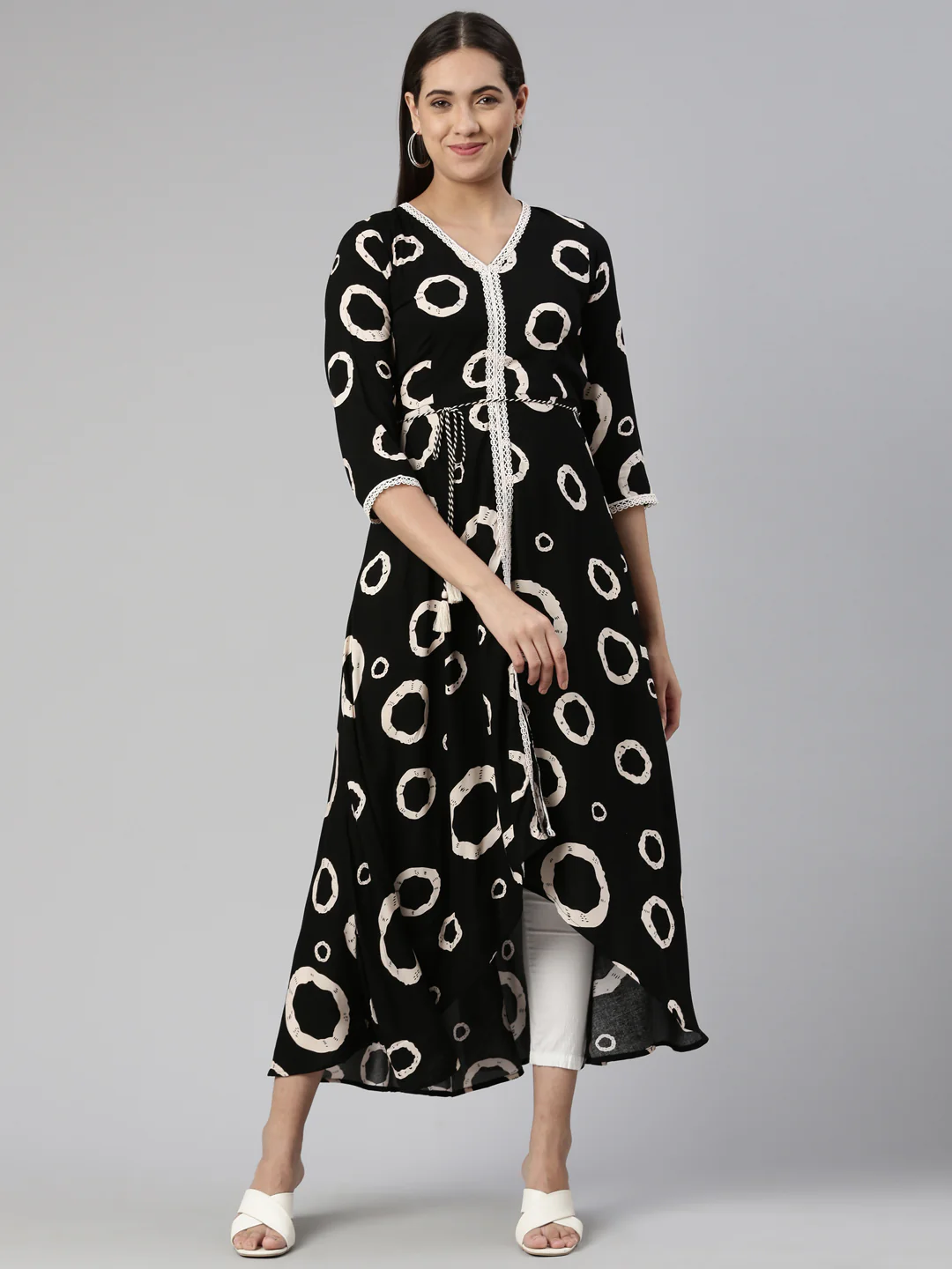 Neerus Black Anarkali Curved Cotton Kurta